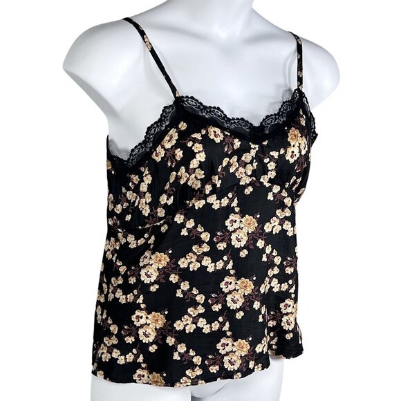 Y2K American Eagle Outfitters Womens 12 Silk Babydoll Dark Floral Lace Trim Cami - Picture 1 of 12